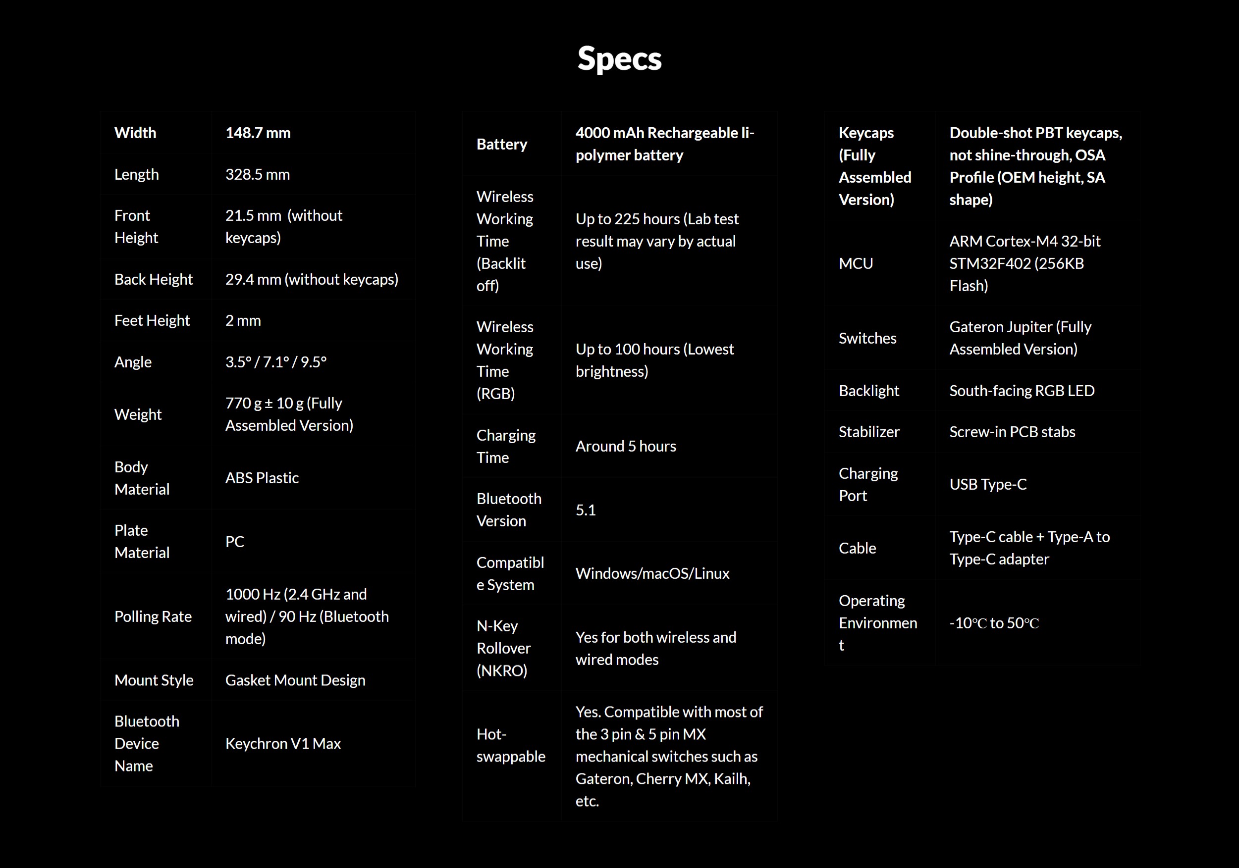 A large marketing image providing additional information about the product Keychron V1 Max - 75% QMK/VIA Wireless Custom Mechanical Keyboard - Black (Silent K Pro Switch) - Additional alt info not provided